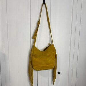 Ecote Mustard Yellow Suede Leather Fringe Bucket Shoulder Crossbody Bag
